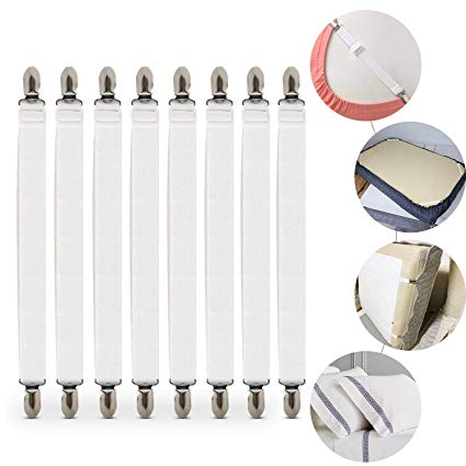 Soneer Adjustable Bed Fasteners,8pcs Sheet Straps Suspenders with Metal Clips, White,