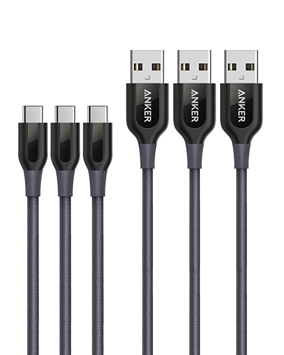 USB Type C Cable, Anker [3-Pack 6ft] Powerline  USB-C to USB-A, Double-Braided Nylon Fast Charging Cable, for Samsung Galaxy S10/ S9 / S9  / S8 / S8  and More[Gray]