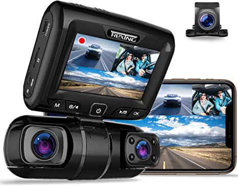 REXING S1 Dash Cam 3-Channel Front,Rear,Cabin 1080P   720p  720p, 2” LCD, Infrared Night Vision, Parking Monitor, Mobile APP, WiFi, 170°Angle Lens, Loop Recording, Supercapacitor, Support up to 256GB