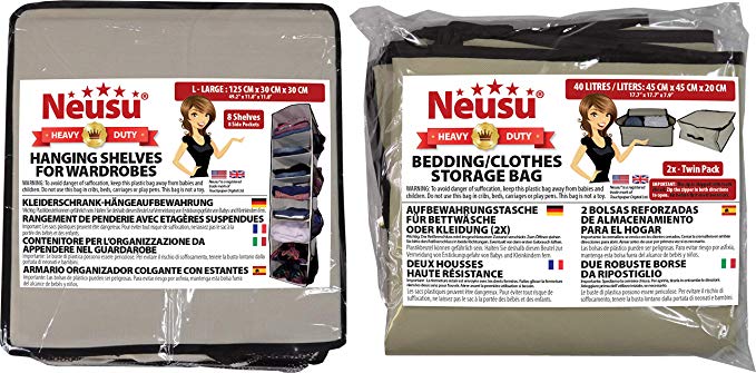 Neusu Wardrobe Organisation Storage Pack - 1 x 8 Shelf Wardrobe Organiser   2 x 40 Litre Bags, Beige