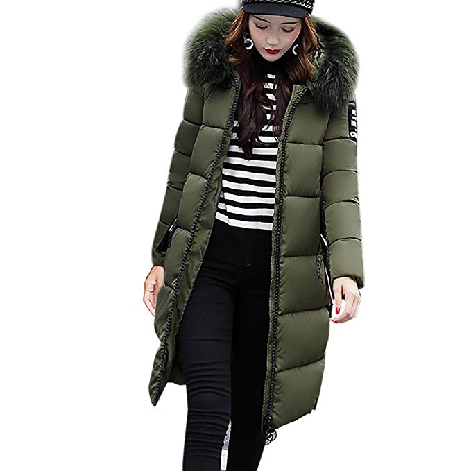 VESNIBA Women's Down Coat - Fur Hood Thicker Winter Slim Down Lammy Jacket Long Parka Puffer Jacket