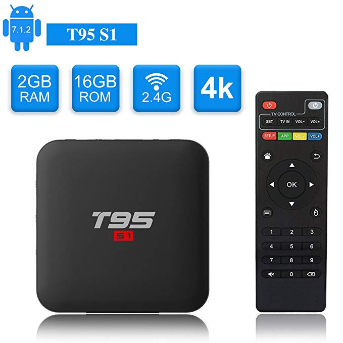 T95 S1 Android TV BOX, Android 7.1 Amlogic S905W Quad Core 2GB/16GB with Digital Display HDMI Ultra HD 4K Ethernet 2.4GHz Wifi H.265 Video Decoder