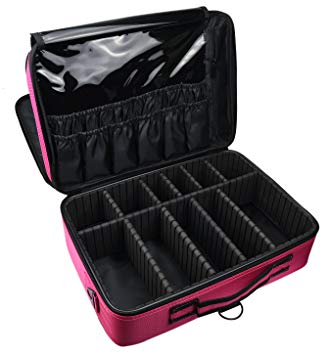 Goldwheat Make-up Case Beauty Box Cosmetic Bags Professional Brush Travel Train Case with Detachable Shoulder Strap Padded Dividers Pink-16.5"x5.5"x12.2"