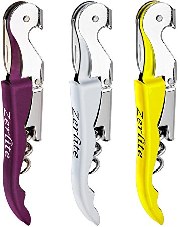 Zerlite Metal Double Hinged Restaurant Wine Bottle Opener, Waiter Quality Compact Stainless Steel Folding Corkscrew With Serrated Foil Cutter, Set Of 3