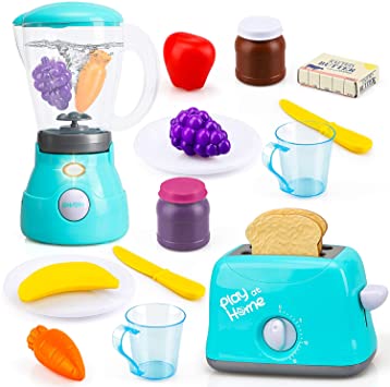 TOY Life Toy Blender Toy Toaster Kitchen Pretend Play Set with Realistic Light Sound Effect Play Food Kitchen Accessories Set for Kids Toddlers Learning Kitchen Toys for Grils Includes Plates Utensils