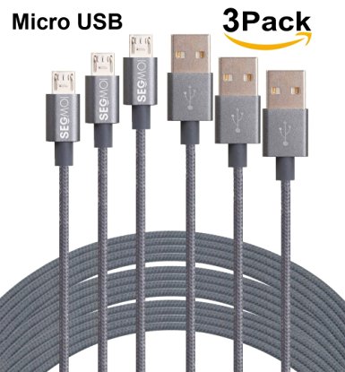 SEGMOI (TM) 3Pack 3M 10FT Extra Long Tangle Free Nylon Braided High Speed Micro USB Charging Data Sync Cable Charger Cord With Aluminum Heads for Samsung HTC LG Huawei Xiaomi ZTE (Grey)