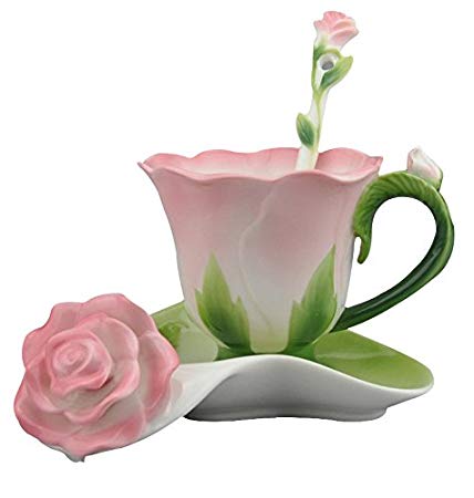 Beddinginn Hand Crafted Collection Porcelain Coffee Tea Cup Sets with Saucer and Spoon Rose Shape Design（Pink）