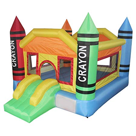 BounceZone Mini Residential Indoor/Outdoor Inflatable Colorful Crayon Nylon Jumping Moonwalk Bounce House with Blower, Carrying Bag, and Repair Kit for Kids