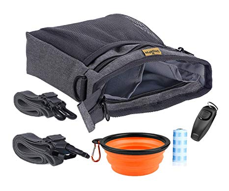 Dog Treat Pouch Training Bag - Convenient Carry Clicker,Pet Toys,Kibble,Treats - Built-in Poop Bag Dispenser,3 Ways to Wear,Indise Divider - Grey