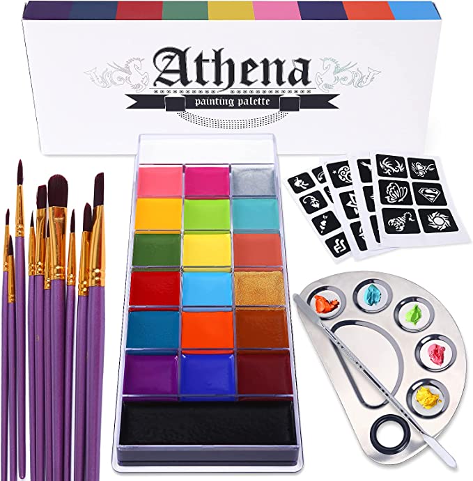 UCANBE Athena Face Body Paint Oil Makeup Set, 20 Colors FX Halloween Party Painting with Stainless Steel Mixing Palette and Spatula Tool,10 pcs Artist Paintbrushes,Tattoo Stencil Arts Crafts kit