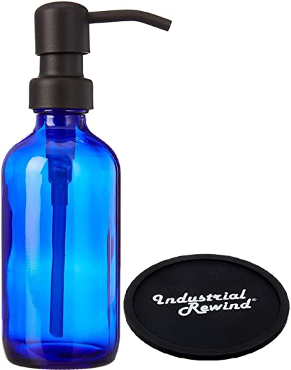 Industrial Rewind 16oz Cobalt Blue Glass Refillable Body Lotion Dispenser with Black Metal Pump Dispenser/Liquid Hand Soap Dispenser with Non Slip Coaster/Countertop Protector