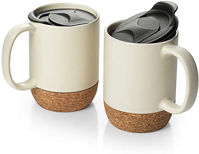 DOWAN 15 oz Coffee Mug Sets, Set of 2 Large Ceramic Mugs, with Insulated Cork and Splash Proof Mug Lid, Beige