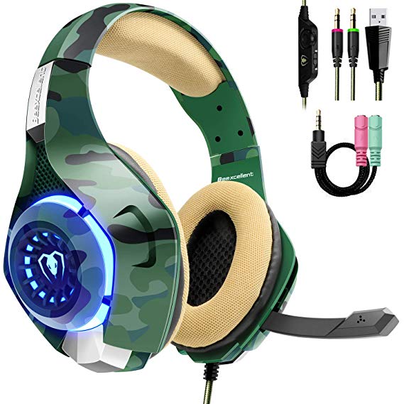 Beexcellent Pro Stereo Gaming Headset for PS4 Xbox One PC, All-Cover Over Ear Headphones with Deep Bass Surround Sound, LED Light & Noise Canceling Microphone for Nintendo Switch Mac Laptop …