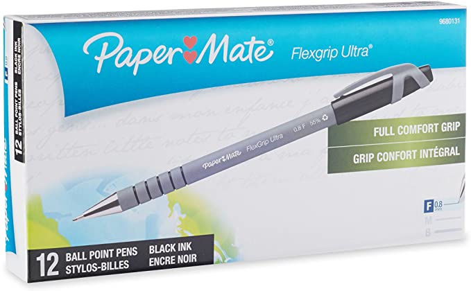 Paper Mate Flexgrip Ultra Stick Fine Point Ballpoint Pens, 12 Black Ink Pens (9680131)