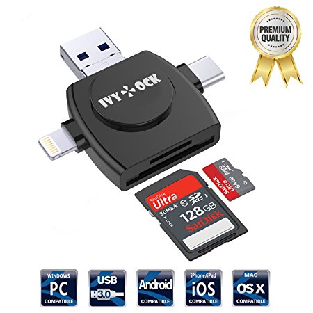SD & Micro SD Card Reader - IVYOCK Memory Card Camera Reader Adapter for iPhone/iPad/GALAXY S8/Android/Mac/PC/MacBook. With Lightning,Micro USB,USB Type C,USB 3.0 Connector (App Needed for iOS)