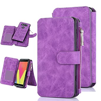 LG V20 Case, CaseUp 12 Card Slot Series - [Zipper Cash Storage] Premium Flip PU Leather Wallet Case Cover With Detachable Magnetic Hard Case For LG V20 - Purple