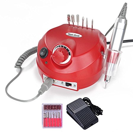 AW 30000RPM Electric Acrylic Nail Drill Manicure Pedicure Kit Pedal File Buffer Set w/ 6 Bits Beauty Salon Red