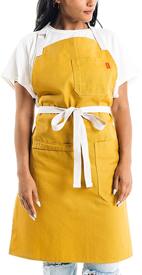 Caldo Cotton Kitchen Apron - Mens and Womens Professional Chef Bib Apron - Adjustable Straps with Pockets and Towel Loop (Mustard)
