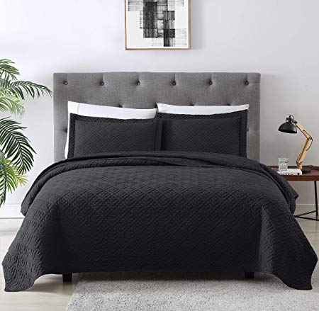 EXQ Home Quilt Set Twin Size Black 2 Piece,Lightweight Microfiber Coverlet Modern Style Squares Pattern Bedspread Set