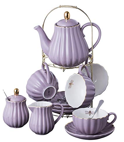 Jusalpha Fine China Pink Coffee Cup/Teacup, Saucer, Spoons, Teapot and Creamer set, 17-Pieces (FD-TW17PC SET, Purple)