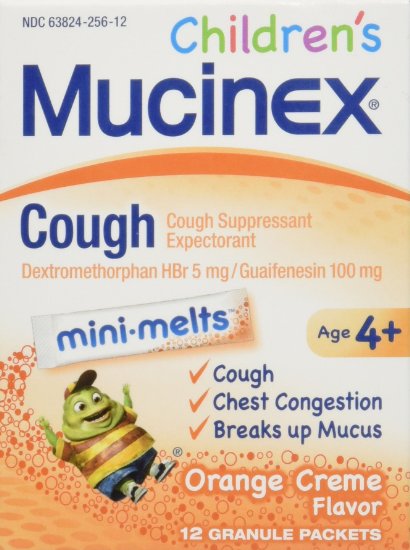 Mucinex Cough Mini Melts Expectorant and Cough Suppressant for Kids Orange, 12 Granule Packets