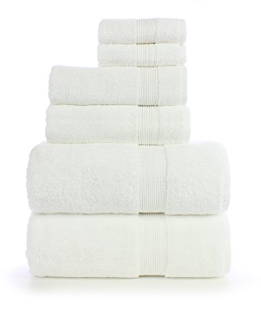 6 Piece Turkish Luxury Turkish Cotton Towel Set - Eco Friendly, 2 Bath Towels, 2 Hand Towels, 2 Wash Clothes (6, Wide Border-White)