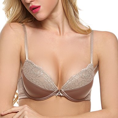 Ekouaer Women's Lace Padded Underwire Demi Plunge Push Up Bra 32A-42DDD