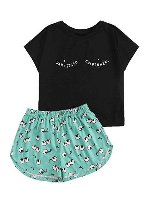 DIDK Women's Cartoon Eyes Print Top and Shorts Pajama Set