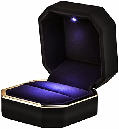 AVESON Luxury Ring Box, Square Velvet Wedding Ring Case Jewelry Gift Box with LED Light for Proposal Engagement Wedding, Black B07BTQJLR3