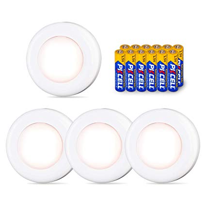 Tap Light, Push Light, STAR-SPANGLED Mini Touch Lights Battery Included, Stick-on Anywhere 4 LED Small Puck Lights for Closet, Cabinet, Hallway, Wardrobe, Classroom, Kitchen (Warm White, 4 Pack)