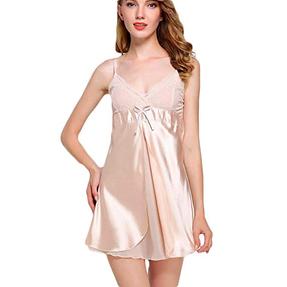 Women Pajamas Satin Lingerie Nightgown Strap Layering Sleepwear Silk Chemise Mini Slip Short Nightwear Sleep Dress