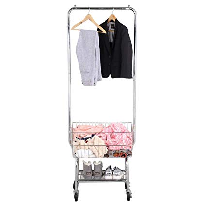 Yaheetech Commercial Laundry Cart Laundry Butler with Wheels & Double Pole Rack,Silver,G.W.: 21.3 Lb