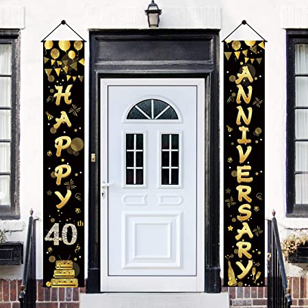 Yoaokiy 40th Anniversary Banner Decorations, Happy 40th Wedding Anniversary Party Sign Supplies, Gold Happy 40 Year Anniversary Party Welcome Porch Sign Decor for Outdoor Indoor