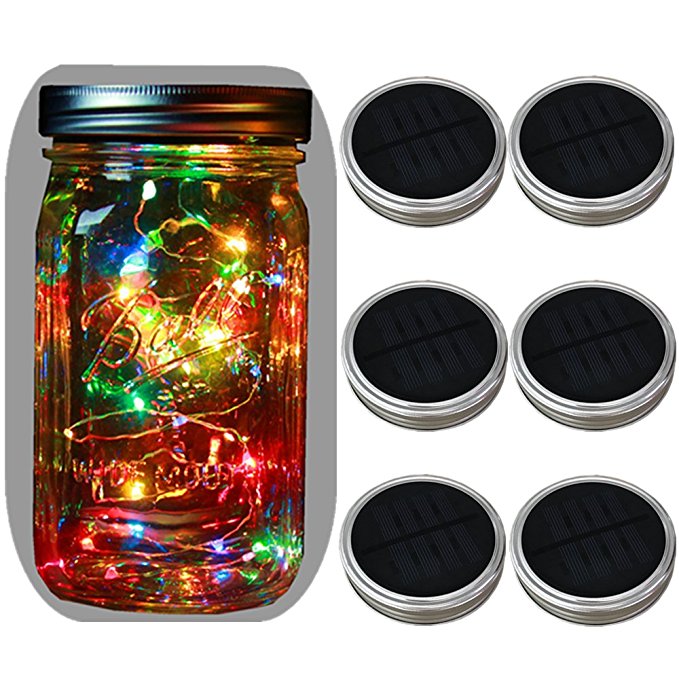 6-Pack Wide Mouth Solar-powered Mason Jar Lights Waterproof(Jar & Handle Not Included),20 Bulbs 5 Colors Flashing Jar Hanging Light,Solar Fairy Firefly Lights Lids Insert Fit for Wide Mouth Jars