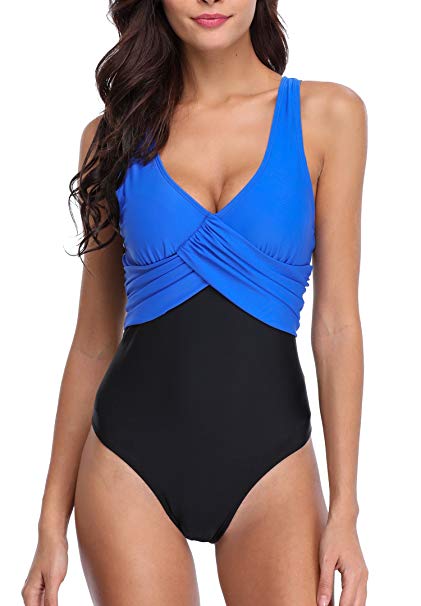 ATTRACO Women's Front Cross One Piece Swimsuit Colorblock Bathing Suit