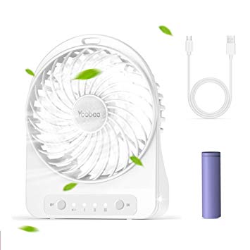 USB Fan Yoobao Portable Mini Rechargeable 2500mAh Battery Operated Personal Small Electric Fan 3 Wind Speed with LED Light Handheld Desk Fan for Office Room Outdoor Travel Hiking Camping Fishing-White