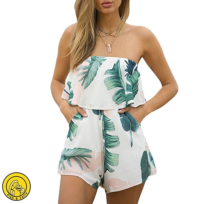 Backless Off Shoulder Rompers Print Summer Casual Womens Jumpsuits Fish&Fairy