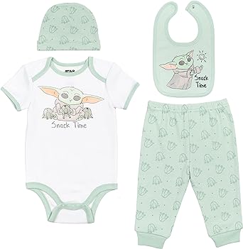 STAR WARS Mandalorian The Child Baby Boys Layette Set: Bodysuit Pants Bib Hat