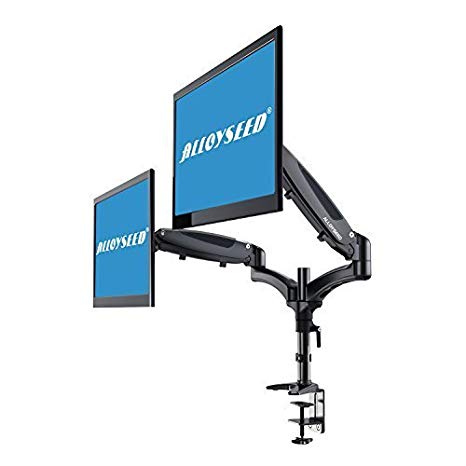 Dual Monitor Mount, Alloyseed Full Motion Gas Spring Arm Adjustable Computer Screen Stand Riser with C Clamp, for Two 15 to 27 Inch LCD Screens
