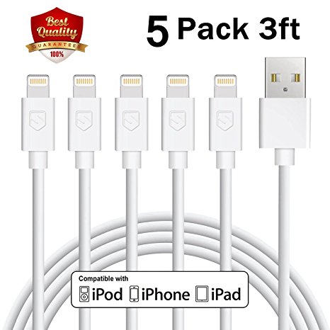 iPhone Charger, Sundix Lightning Cable 5Pack 3FT iPhone 8 Charger Cable Compatible with iPhone X 8 8Plus 7 7Plus 6s 6sPlus 6 6Plus SE 5 5s 5c iPad iPod & More (white)