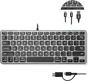 Macally Small Keyboard for Mac with USB Hub (2X USB-C / 1x USB-A) - 3 Ports - Wired Mac Keyboard with 2 in 1 USB Plug - Save Space with an Apple Compatible Keyboard (78-Key Layout) - Space Gray