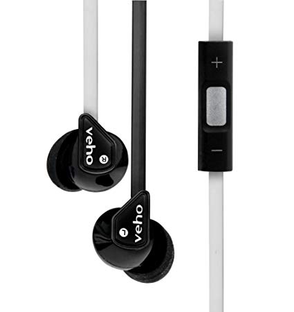 Veho Z-2 In-Ear Headphones Noise Isolating Stereo Earphones with Flat Flex Anti Tangle Cord, Inline Control, Microphone, Earbuds - White/Black (VEP-004-Z2BW)
