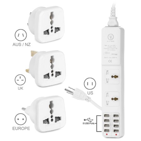 Yubi Power 10 in 1 Universal Travel Power Strip with 2 Universal Sockets and 8 USB Ports with Built in Surge Protector and Light Indicators for Type B, C, G, and I Outlets - 150  Countries