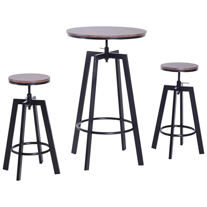 3 Piece Bar Height Adjustable Industrial Modern Indoor Bistro Table Set