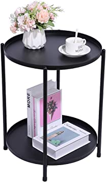 Metal Sofa Side End Tables Round Bedside Nightsand Tables Matte Black Removable 2-Layer Tray Easy Assembly for Small Spaces Living Room Bedroom Balcony