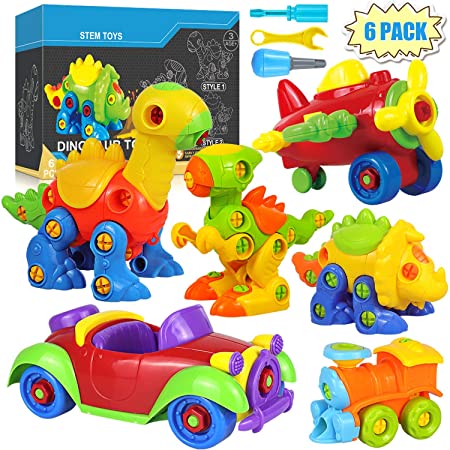POKONBOY Dinosaur Toys Take Apart Toys with Tools - Set of 6 Building STEM Toys Including Dinosaurs, Airplane, Train, Car Construction Engineering Building Play Set for Kids Age 3 - 12 Years Old