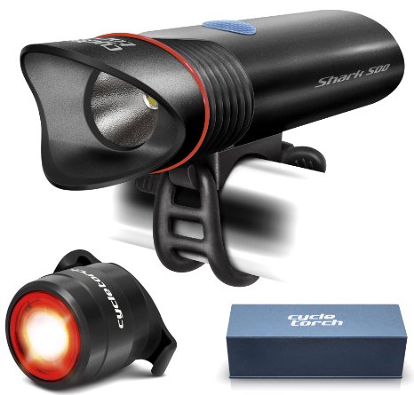 SUPERBRIGHT Bike Light USB Rechargeable LED - FREE Taillight INCLUDED- Cycle Torch Shark 500 Set - 500 Lumens - Fits ALL Bikes Hybrid Road MTB Easy Install and Quick Release
