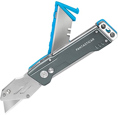 FANTSTICAR Folding Utility Knife Quick-change Box Cutter, Blade Storage in Handle with 15 Blades (Blue)