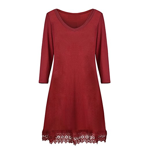 Dreaweet Women's Long Sleeve V-Neck A-line Floral Lace Loose Casual Dress(FBA)