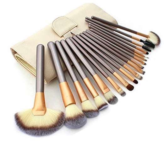 Ammiy® 18 Pcs Makeup Brush Set Professional Wood Handle Premium Synthetic Kabuki Foundation Blending Blush Concealer Eye Face Liquid Powder Cream Cosmetics Lip Brush Tool Brushes Kit ( White Case Bag)